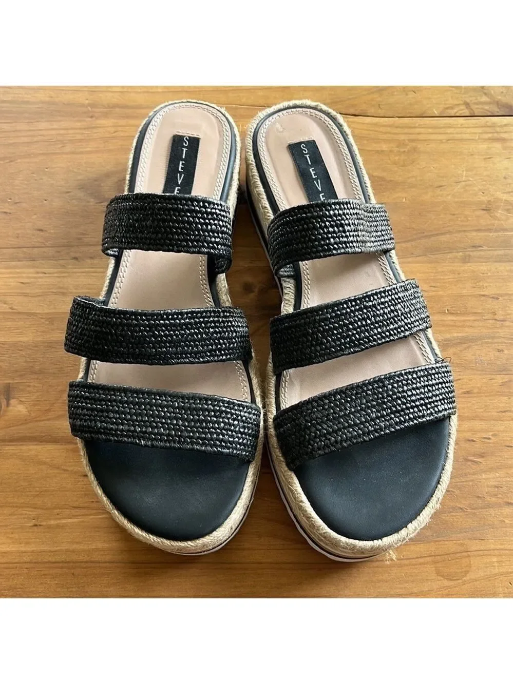 STEVEN Steve Madden Black Linz Women’s Platform Textile 3 Strap Wedge Sandals 9